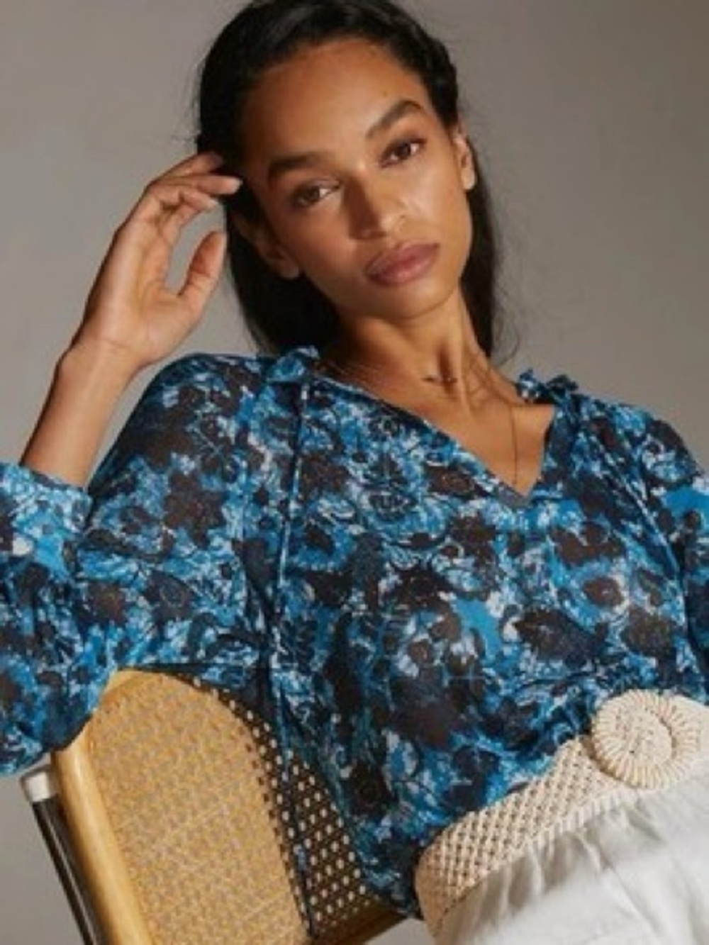 Anthropologie Sheer Printed Peasant Blouse in Blue Motif Size Large